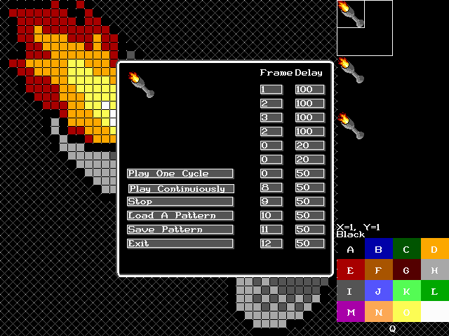 While drawing different frames for an animation, you can play the frames to see how they look like. Above is the animation player where you can edit how quickly the player should cycle through each frame. Animation patterns can be loaded and saved so that they can be reused for other animations, the game and the map editor. 