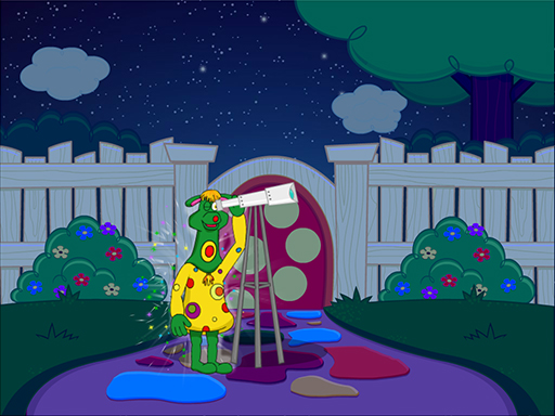 Animation of polkaroo planets looking at the planets with a telescope.